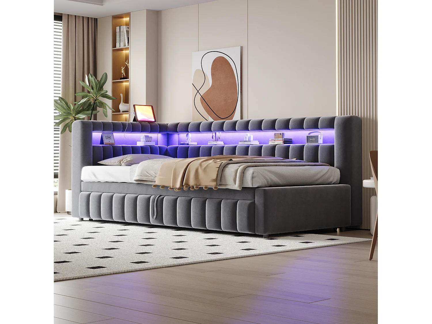 Sofá cama extraíble tapizado - 90/180 x 200 cm - con LED + cabecero + respaldo - terciopelo - gris