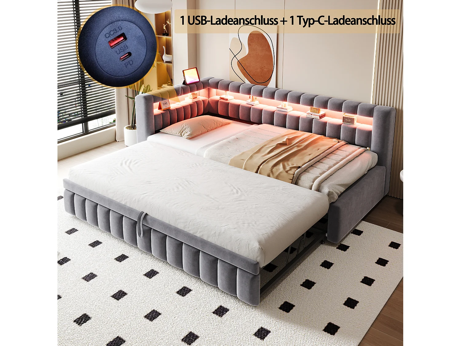Sofá cama extraíble tapizado - 90/180 x 200 cm - con LED + cabecero + respaldo - terciopelo - gris