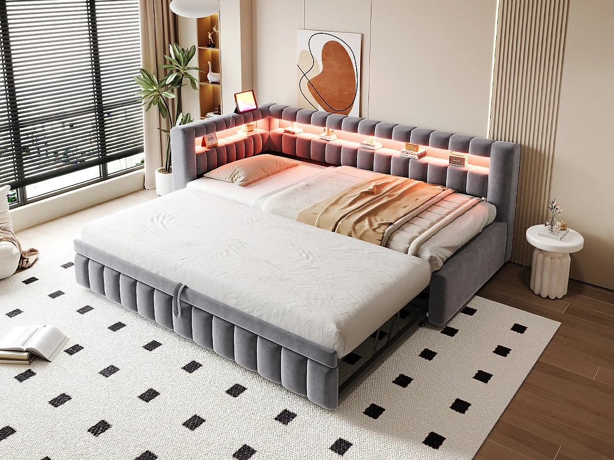 Sofá cama extraíble tapizado - 90/180 x 200 cm - con LED + cabecero + respaldo - terciopelo - gris
