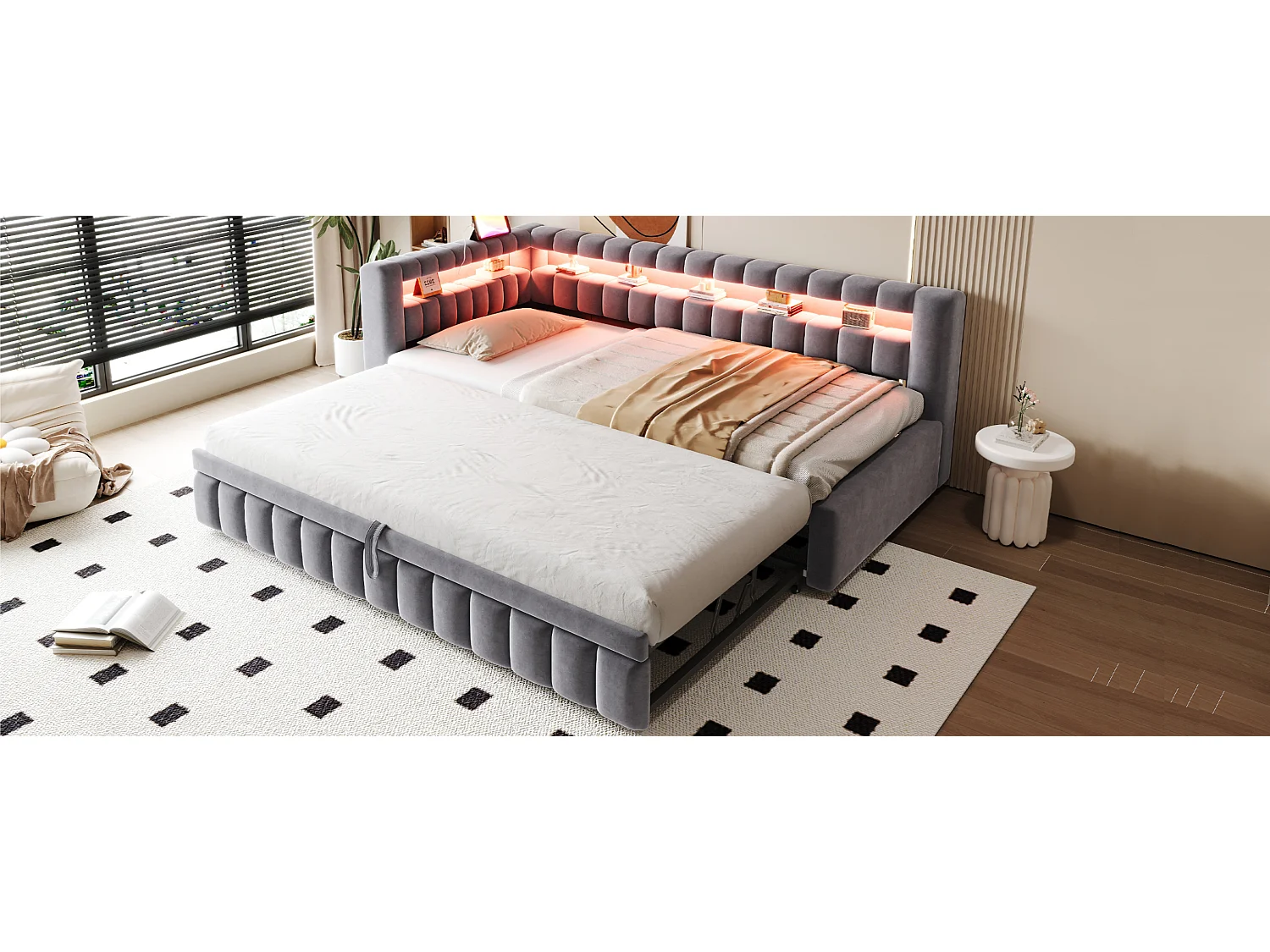 Sofá cama extraíble tapizado - 90/180 x 200 cm - con LED + cabecero + respaldo - terciopelo - gris