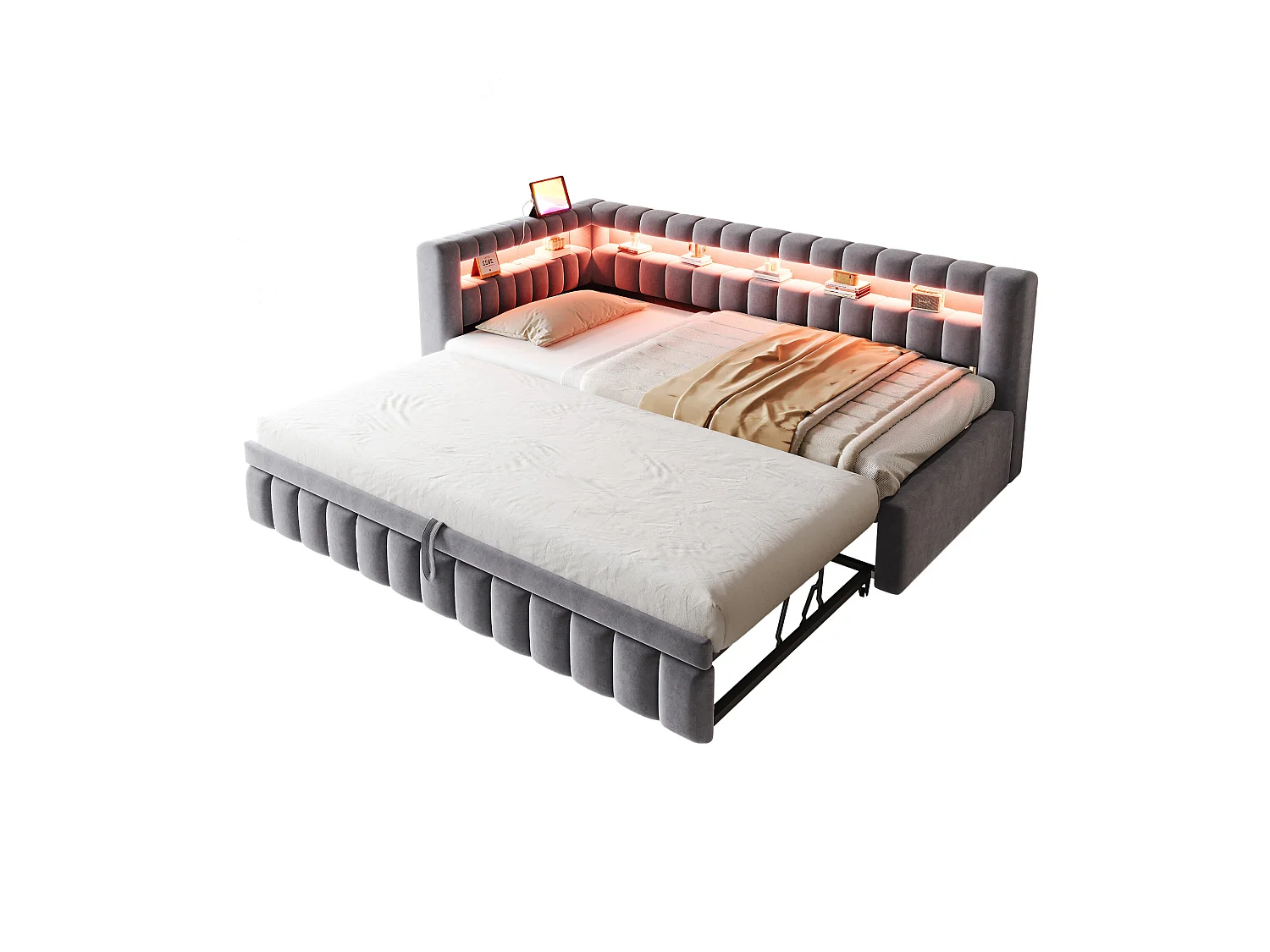 Sofá cama extraíble tapizado - 90/180 x 200 cm - con LED + cabecero + respaldo - terciopelo - gris