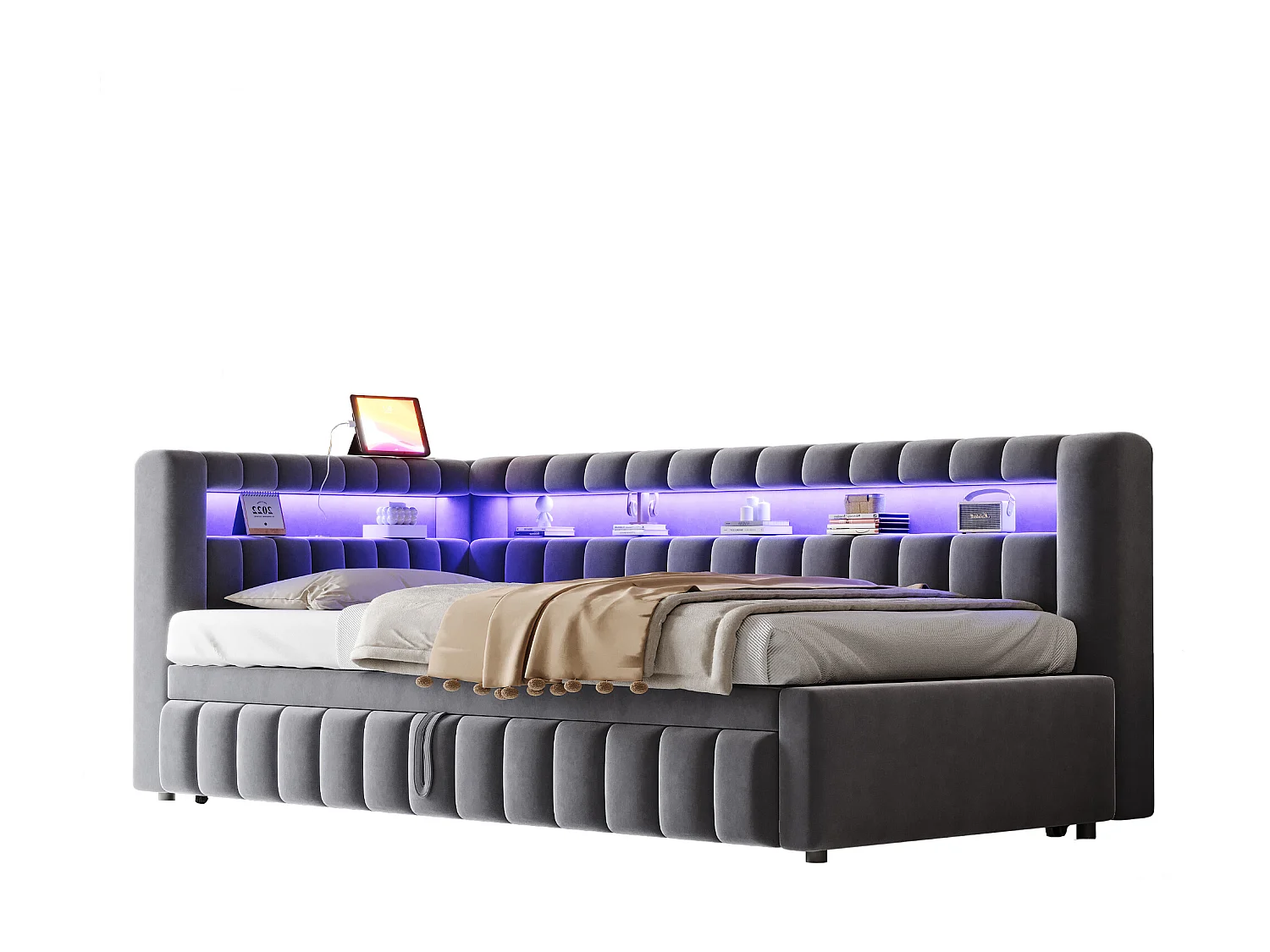 Sofá cama extraíble tapizado - 90/180 x 200 cm - con LED + cabecero + respaldo - terciopelo - gris