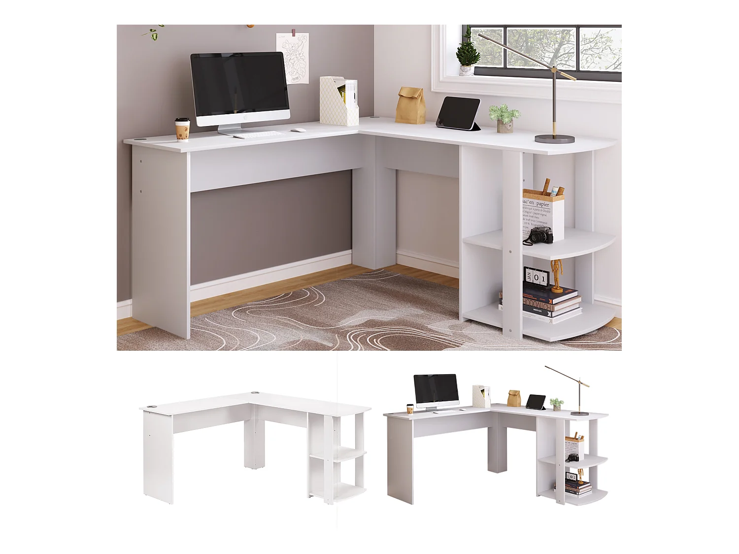 Bureau d'angle - 140 x 140 x 75 cm - bureau d'ordinateur en L avec 2 étagères - aggloméré - blanc