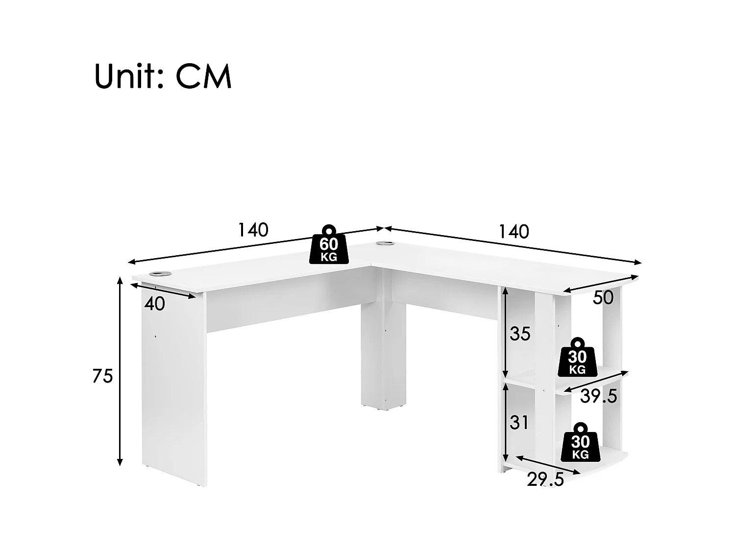 Bureau d'angle - 140 x 140 x 75 cm - bureau d'ordinateur en L avec 2 étagères - aggloméré - blanc