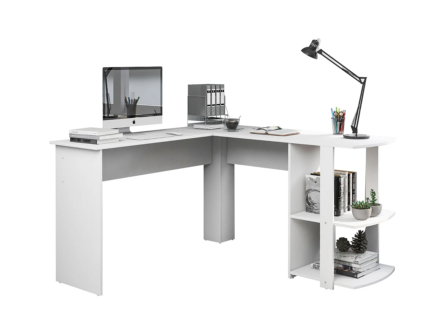 Bureau d'angle - 140 x 140 x 75 cm - bureau d'ordinateur en L avec 2 étagères - aggloméré - blanc