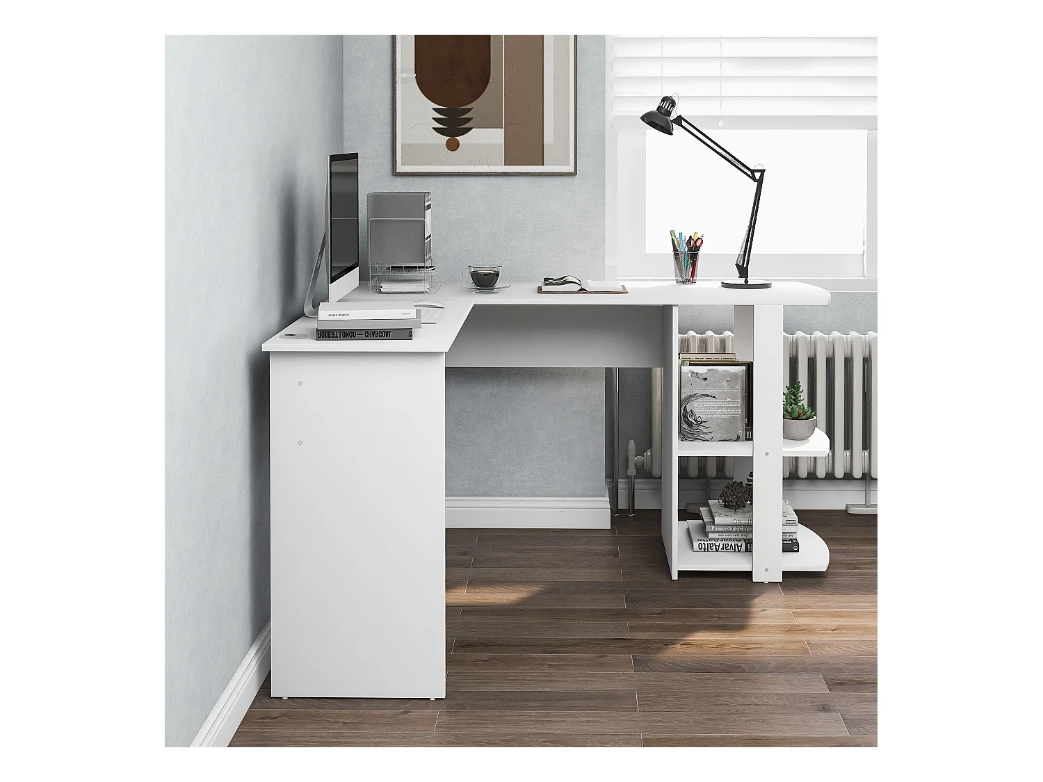 Bureau d'angle - 140 x 140 x 75 cm - bureau d'ordinateur en L avec 2 étagères - aggloméré - blanc