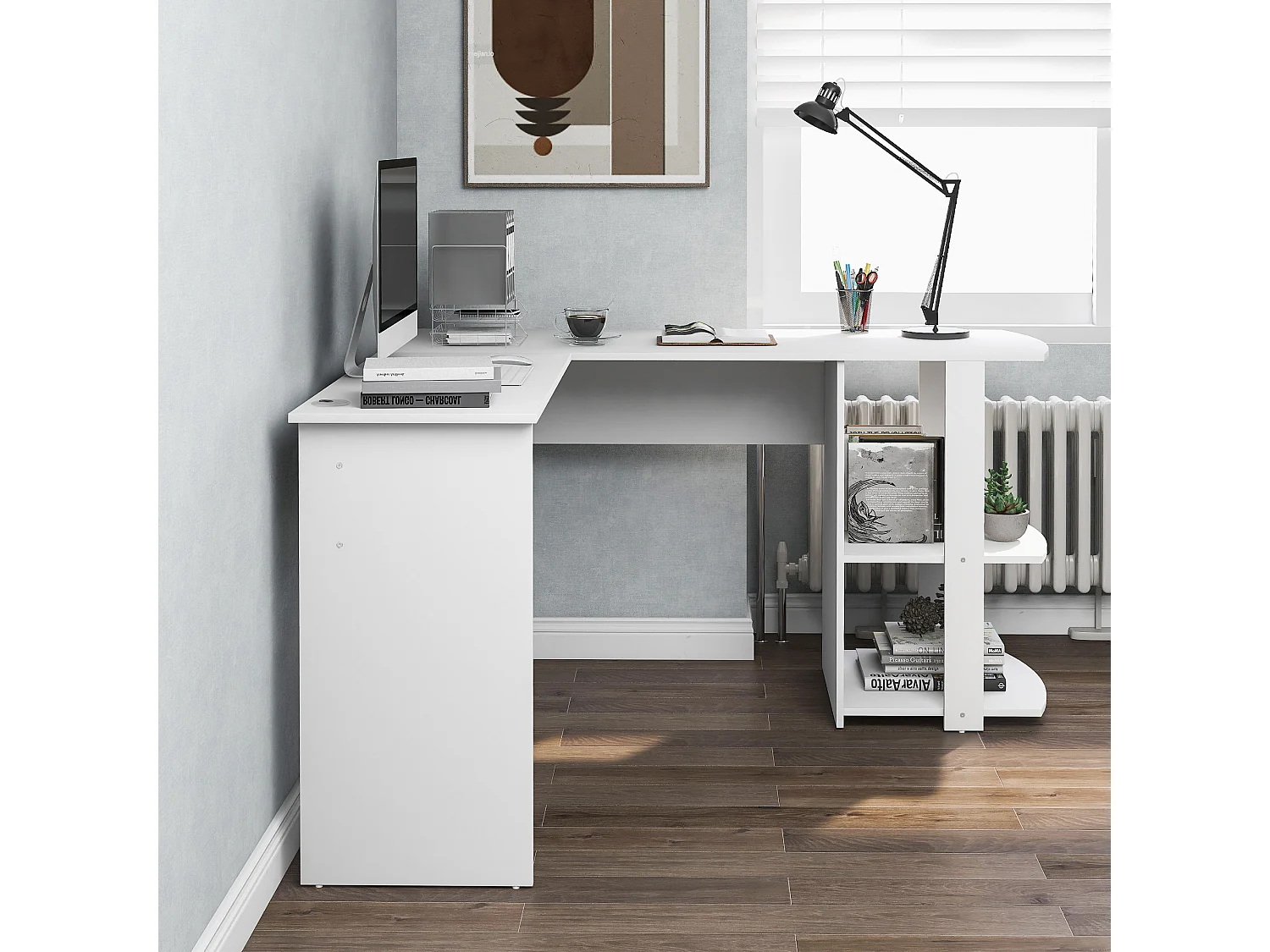 Scrivania angolare - 140 x 140 x 75 cm - Scrivania per computer a L con 2 ripiani - truciolato - bianco