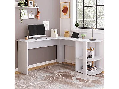 Bureau d'angle - 140 x 140 x 75 cm - bureau d'ordinateur en L avec 2 étagères - aggloméré - blanc