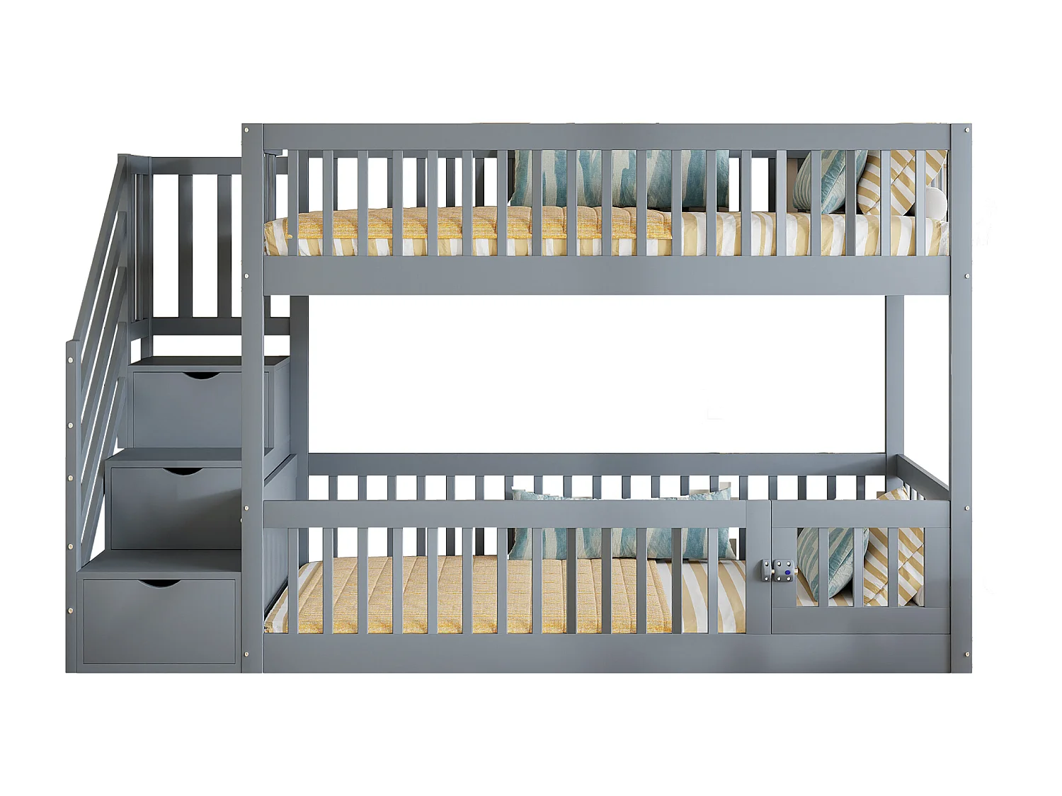 Lit superposés enfant - 2 x 90 x 200 - avec escalier de rangement + barrières - bois - gris
