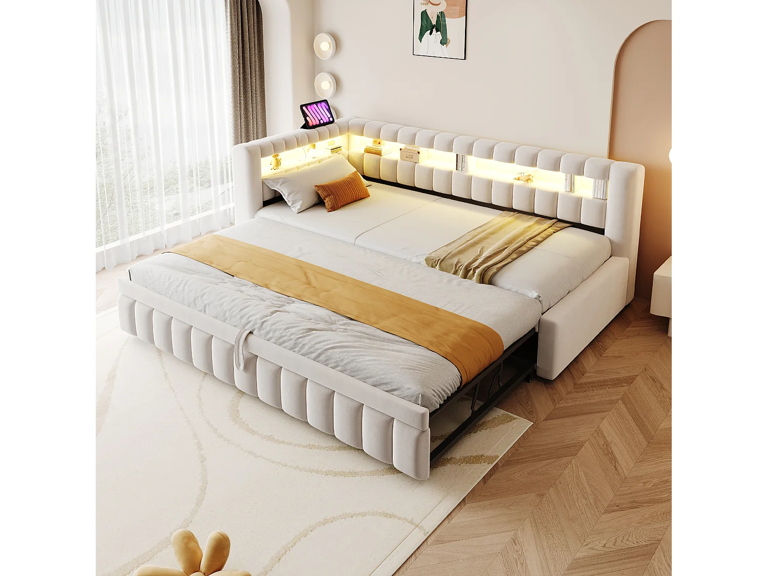 Divano letto imbottito estraibile - 90/180 x 200 cm - con LED + testiera + schienale - velluto - beige