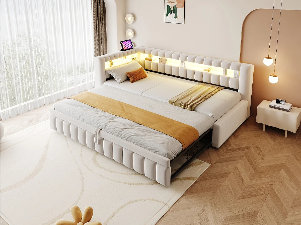 Divano letto imbottito estraibile - 90/180 x 200 cm - con LED + testiera + schienale - velluto - beige