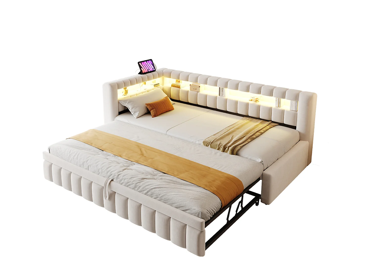 Divano letto imbottito estraibile - 90/180 x 200 cm - con LED + testiera + schienale - velluto - beige