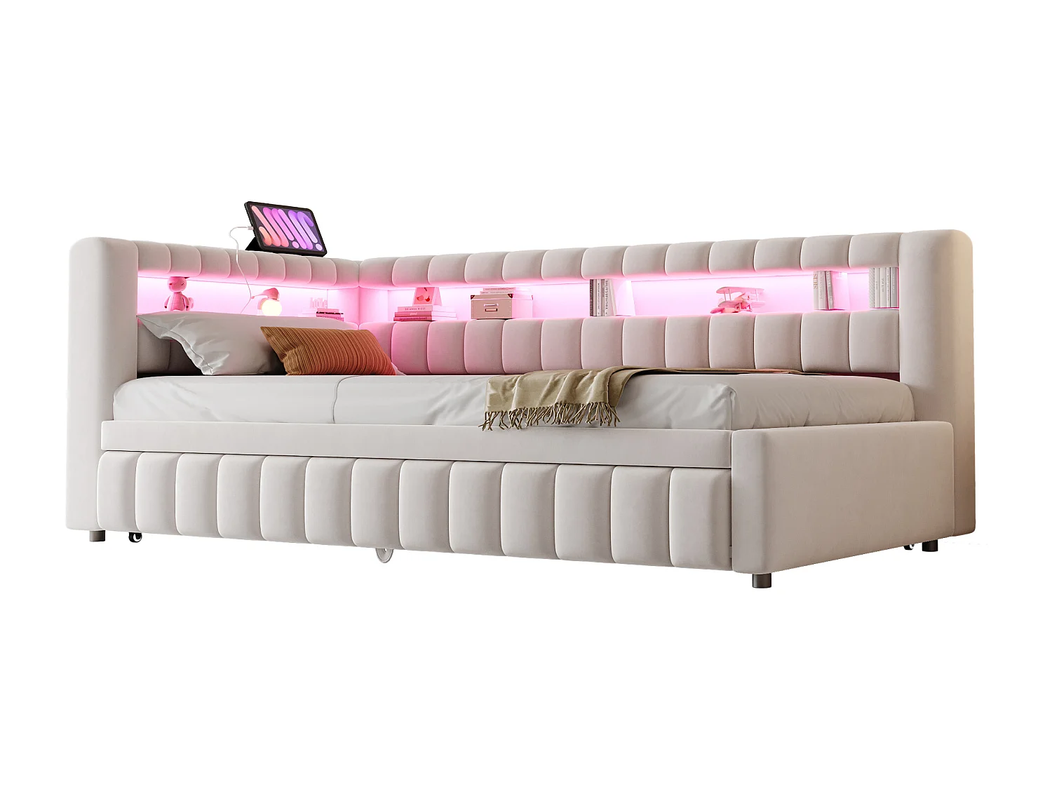 Divano letto imbottito estraibile - 90/180 x 200 cm - con LED + testiera + schienale - velluto - beige