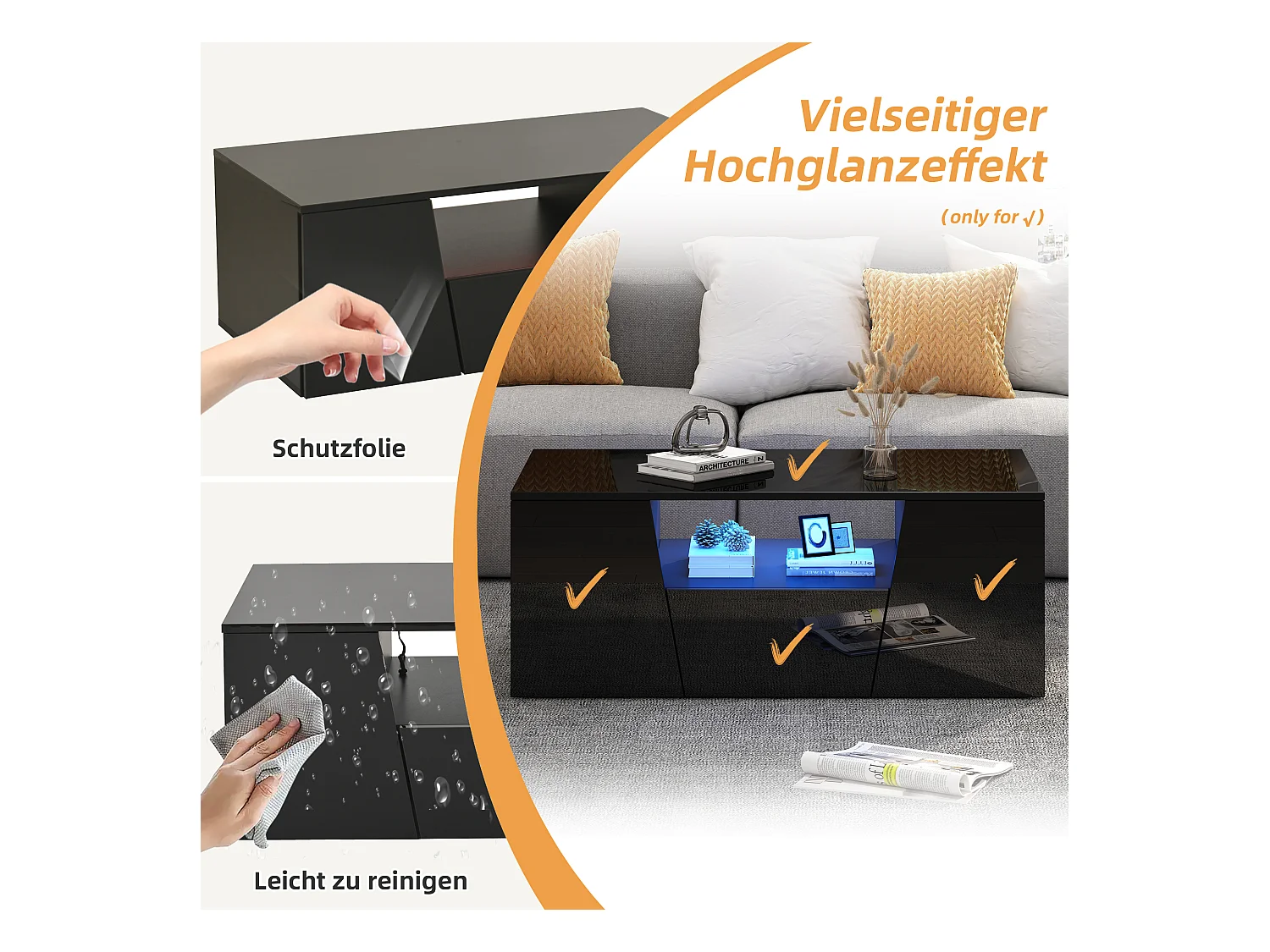 Table basse brillante - 100 x 50 x 40 cm - avec Leds + 2 portes + 1 tiroir - aggloméré - noir