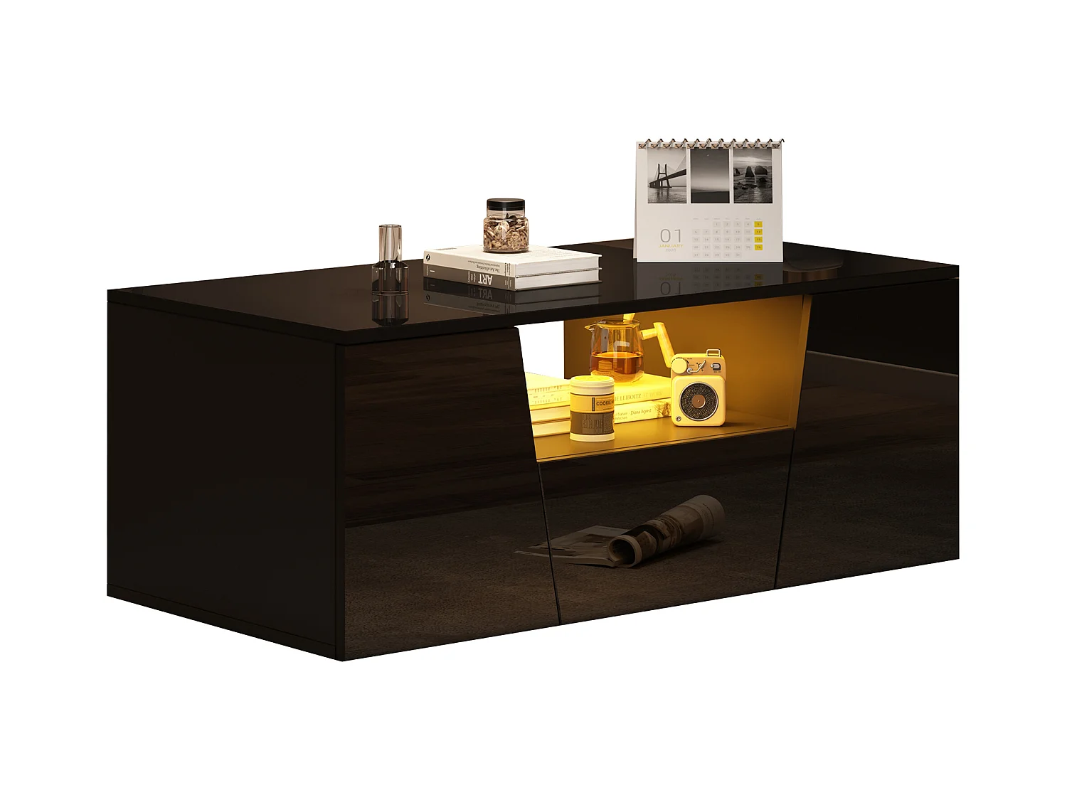 Table basse brillante - 100 x 50 x 40 cm - avec Leds + 2 portes + 1 tiroir - aggloméré - noir