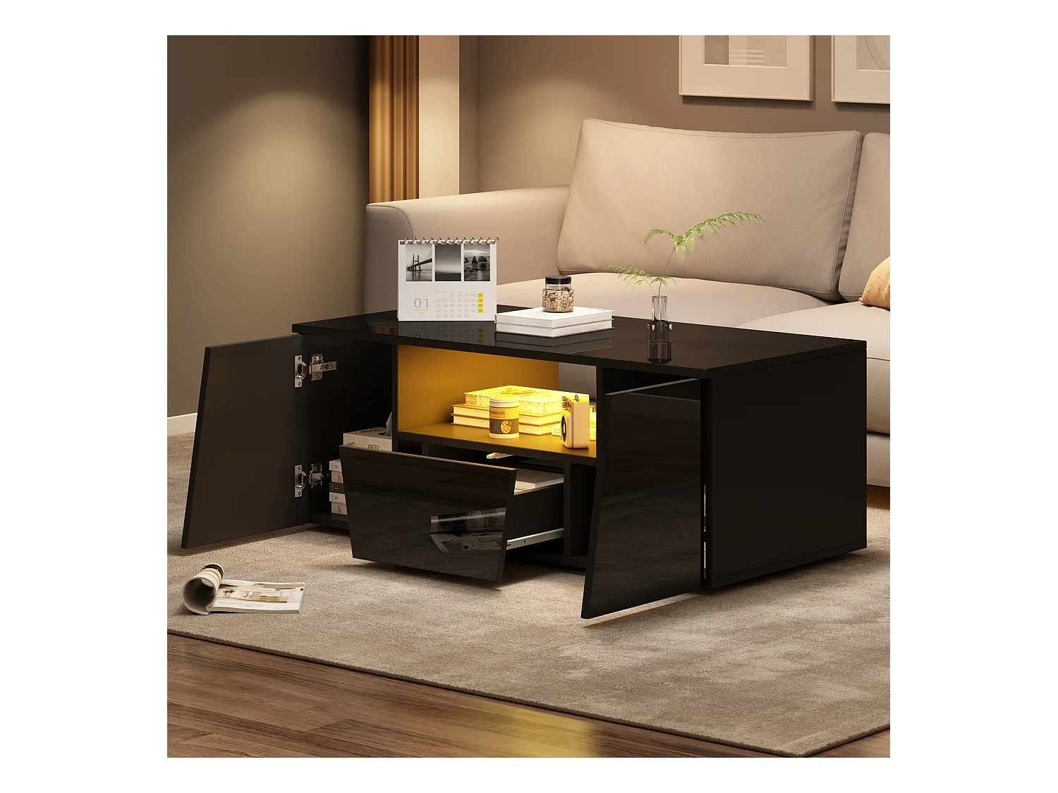 Table basse brillante - 100 x 50 x 40 cm - avec Leds + 2 portes + 1 tiroir - aggloméré - noir