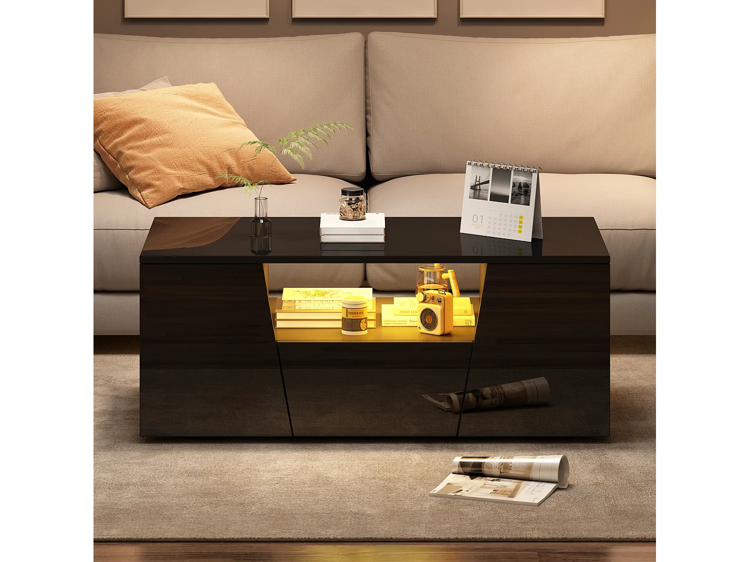 Tavolino da caffè lucido - 100 x 50 x 40 cm - con LED + 2 ante + 1 cassetto - truciolato - nero