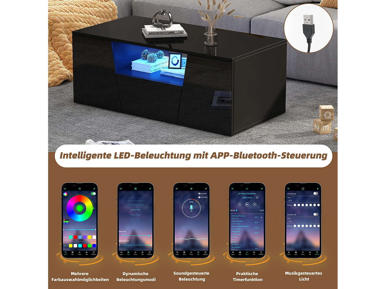 Tavolino da caffè lucido - 100 x 50 x 40 cm - con LED + 2 ante + 1 cassetto - truciolato - nero