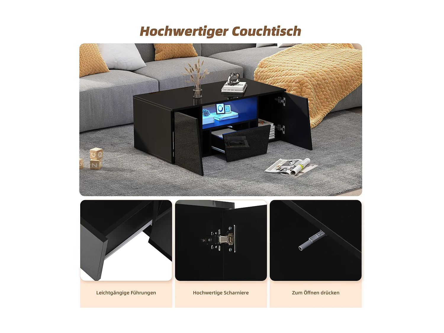 Tavolino da caffè lucido - 100 x 50 x 40 cm - con LED + 2 ante + 1 cassetto - truciolato - nero