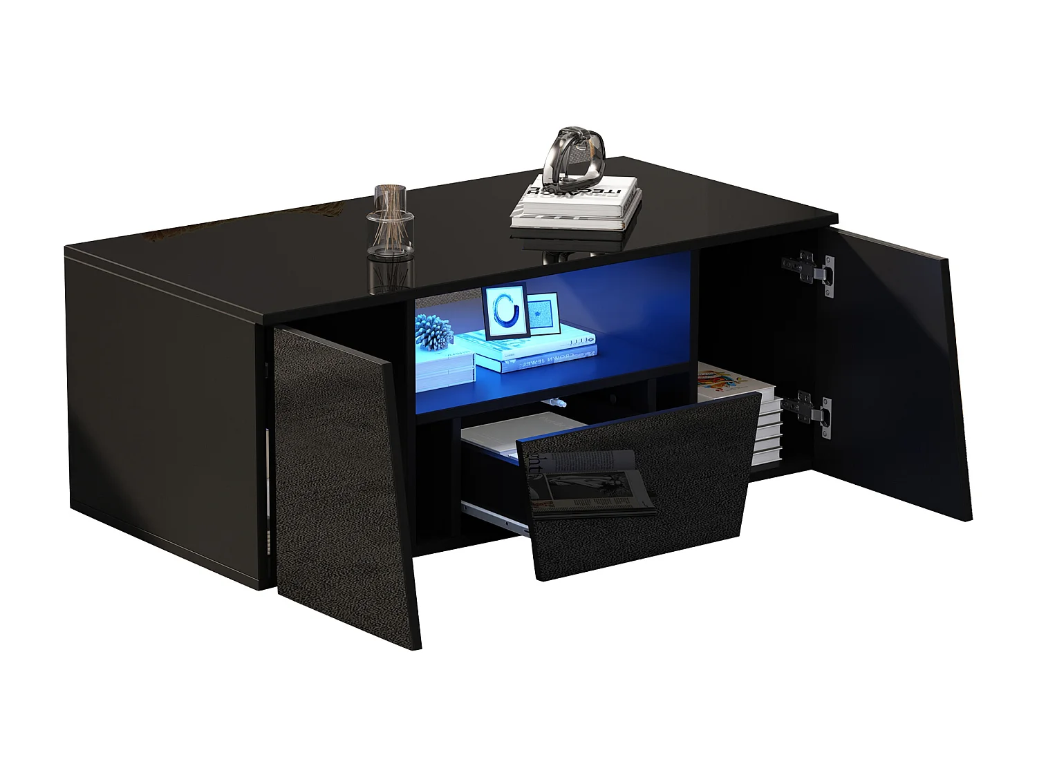 Tavolino da caffè lucido - 100 x 50 x 40 cm - con LED + 2 ante + 1 cassetto - truciolato - nero