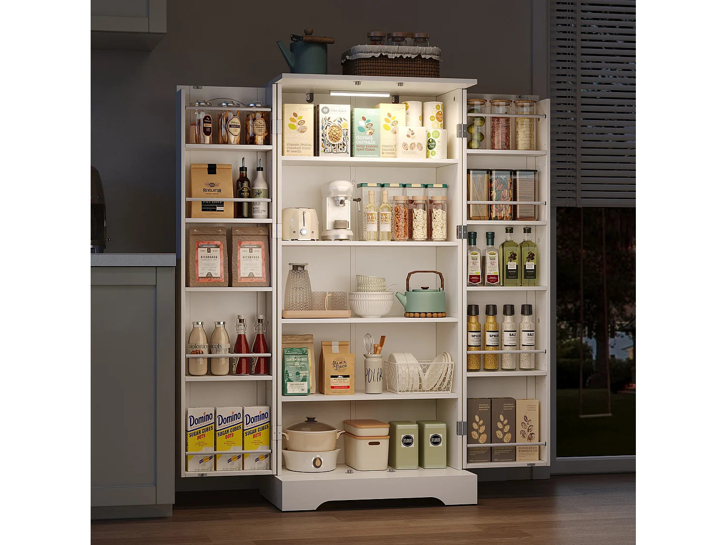 Aparador de cozinha - 60 x 35 x 128 cm - com LEDs + prateleiras reguláveis + 2 portas com arrumação - MDF - branco