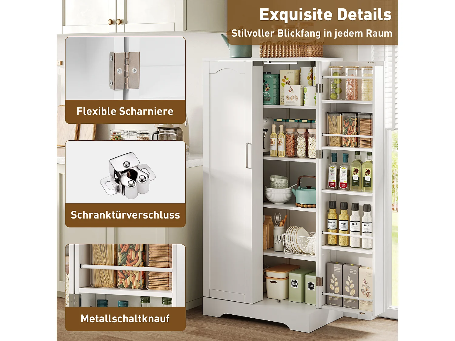 Aparador de cozinha - 60 x 35 x 128 cm - com LEDs + prateleiras reguláveis + 2 portas com arrumação - MDF - branco