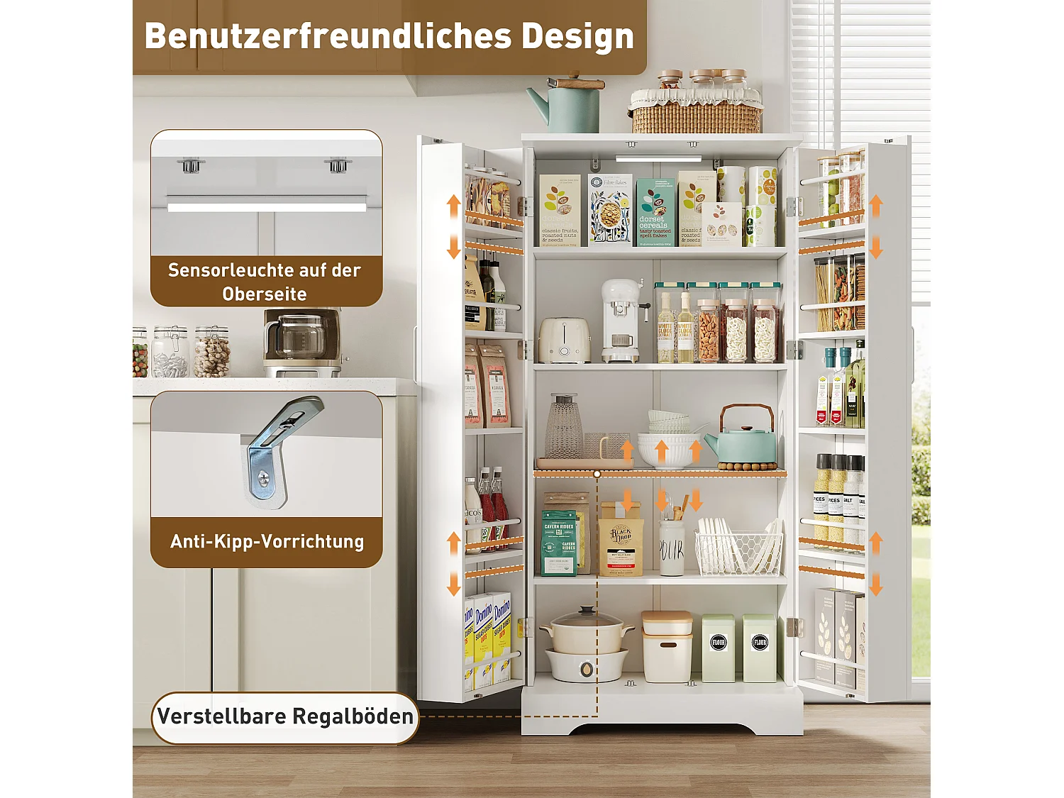 Aparador de cozinha - 60 x 35 x 128 cm - com LEDs + prateleiras reguláveis + 2 portas com arrumação - MDF - branco