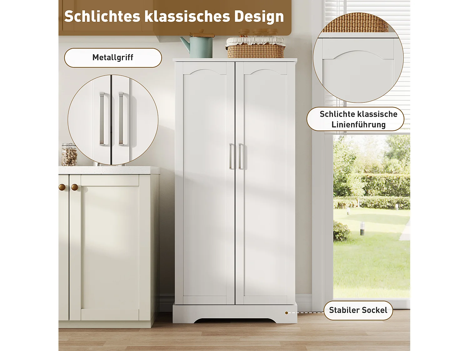 Aparador de cozinha - 60 x 35 x 128 cm - com LEDs + prateleiras reguláveis + 2 portas com arrumação - MDF - branco