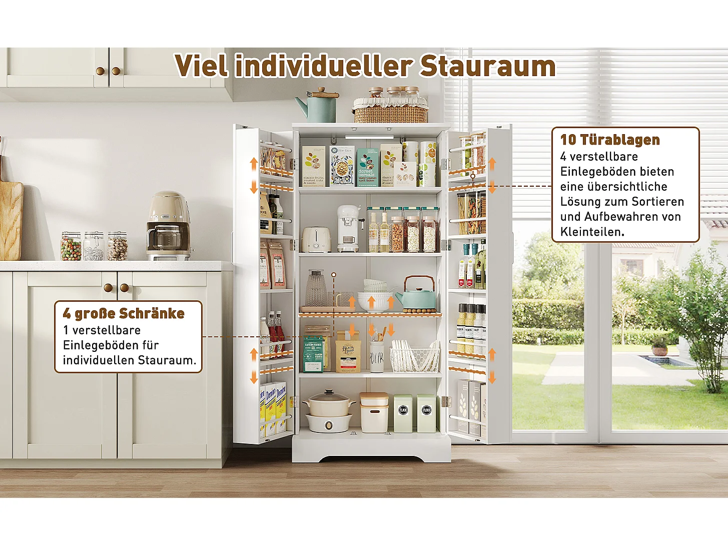 Aparador de cozinha - 60 x 35 x 128 cm - com LEDs + prateleiras reguláveis + 2 portas com arrumação - MDF - branco