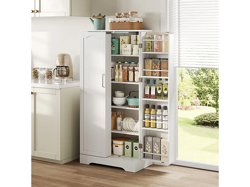 Aparador de cozinha - 60 x 35 x 128 cm - com LEDs + prateleiras reguláveis + 2 portas com arrumação - MDF - branco