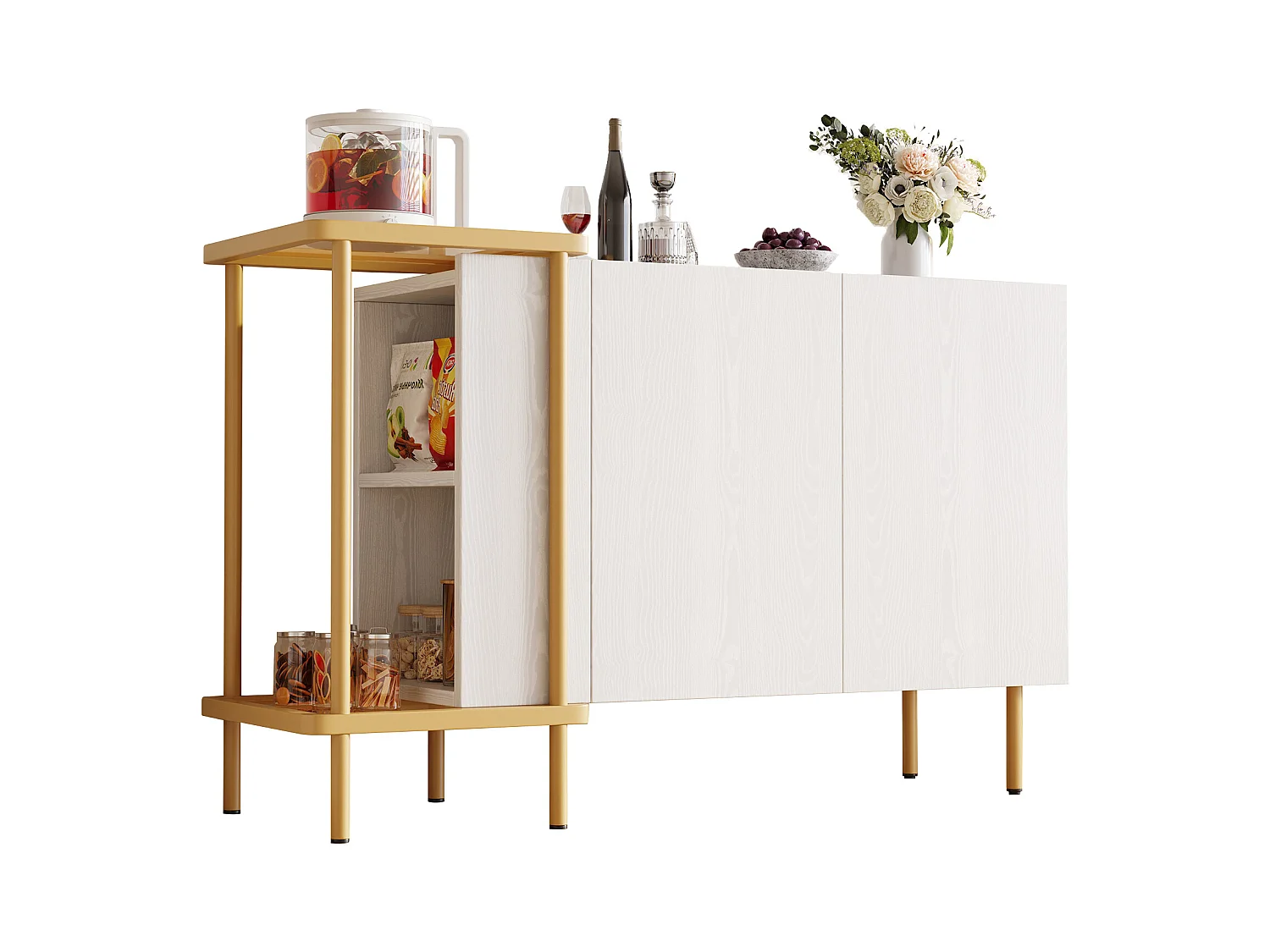 Buffet moderne - 120 x 40 x 77.5 - avec 2 portes + 2 étagères - table basse en métal/verre - aggloméré - blanc