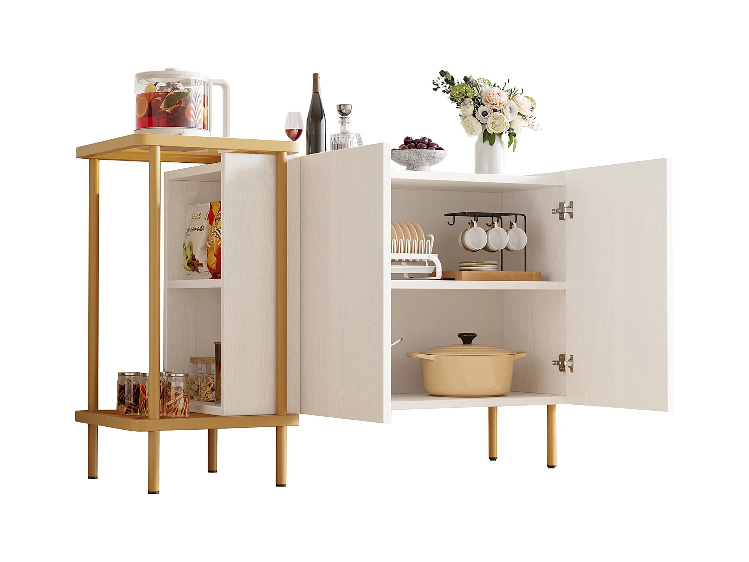 Buffet moderne - 120 x 40 x 77.5 - avec 2 portes + 2 étagères - table basse en métal/verre - aggloméré - blanc