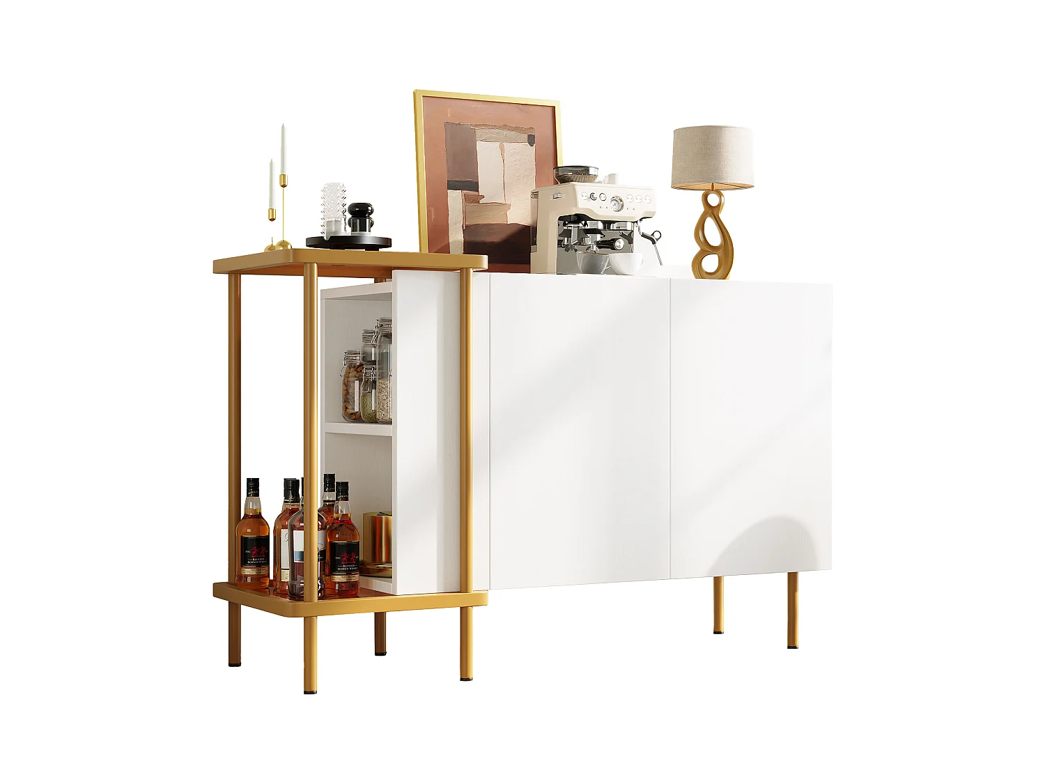 Buffet moderne - 120 x 40 x 77.5 - avec 2 portes + 2 étagères - table basse en métal/verre - aggloméré - blanc