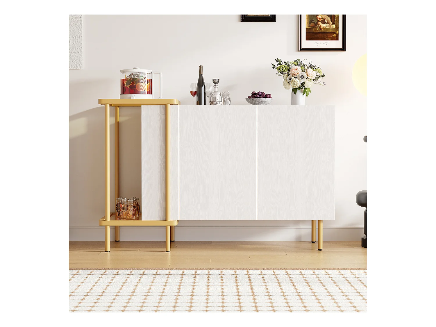 Modernes Sideboard - 120 x 40 x 77,5 - mit 2 Türen + 2 Einlegeböden - Couchtisch aus Metall/Glas - Spanplatte - Weiß