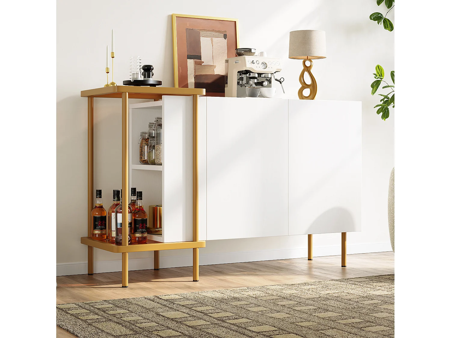 Buffet moderne - 120 x 40 x 77.5 - avec 2 portes + 2 étagères - table basse en métal/verre - aggloméré - blanc