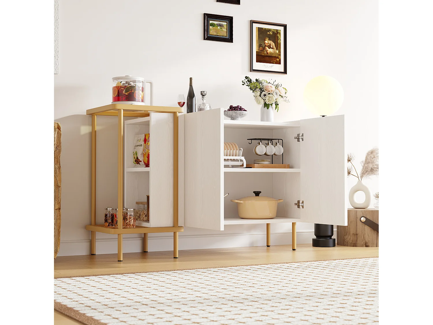 Buffet moderne - 120 x 40 x 77.5 - avec 2 portes + 2 étagères - table basse en métal/verre - aggloméré - blanc