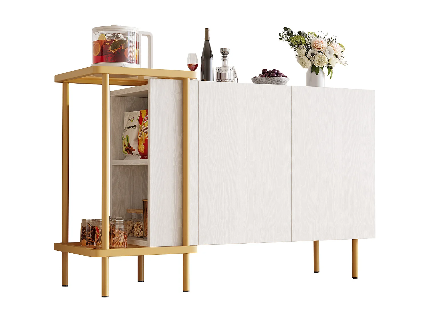 Buffet moderne - 120 x 40 x 77.5 - avec 2 portes + 2 étagères - table basse en métal/verre - aggloméré - blanc