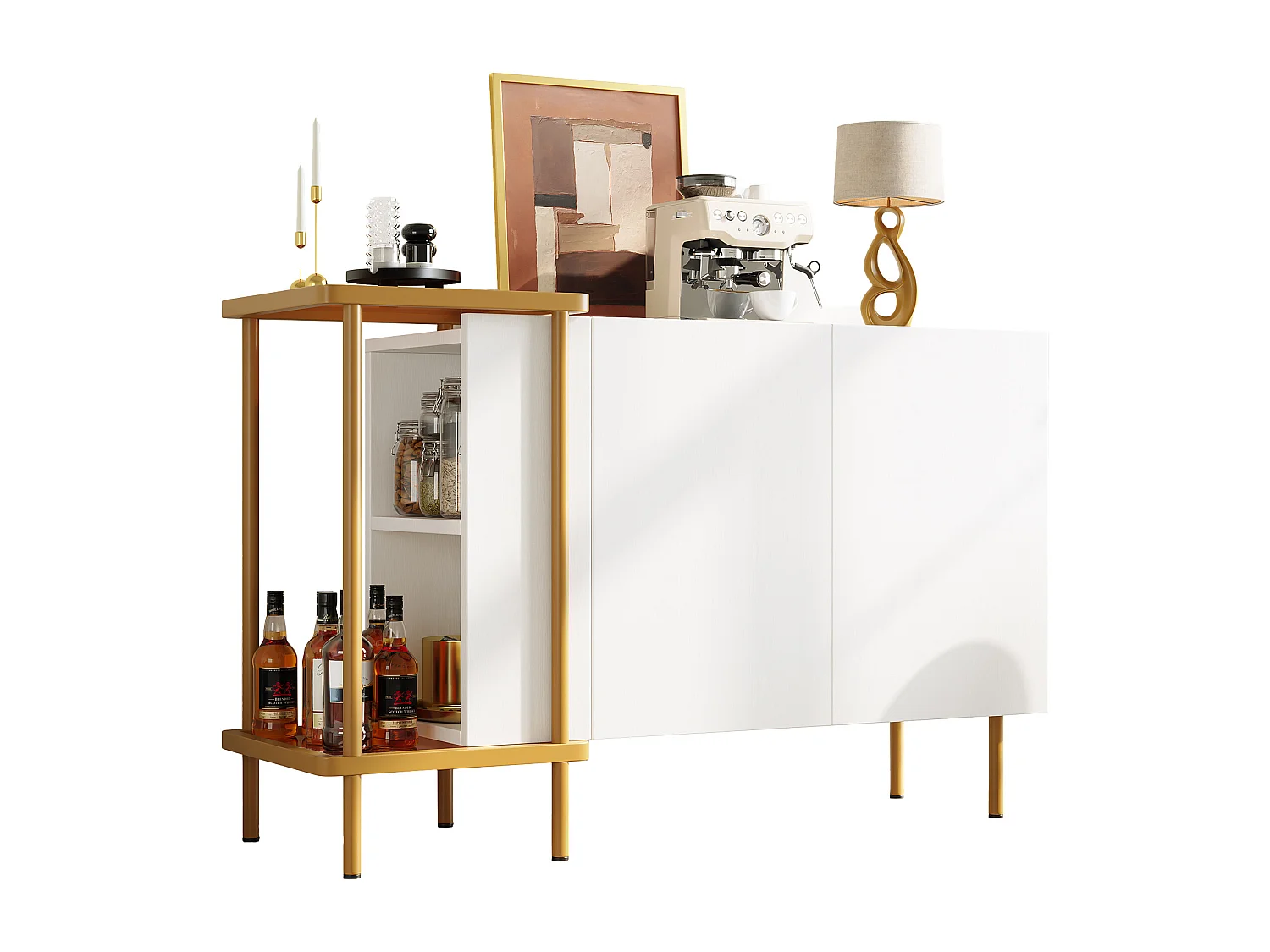 Buffet moderne - 120 x 40 x 77.5 - avec 2 portes + 2 étagères - table basse en métal/verre - aggloméré - blanc