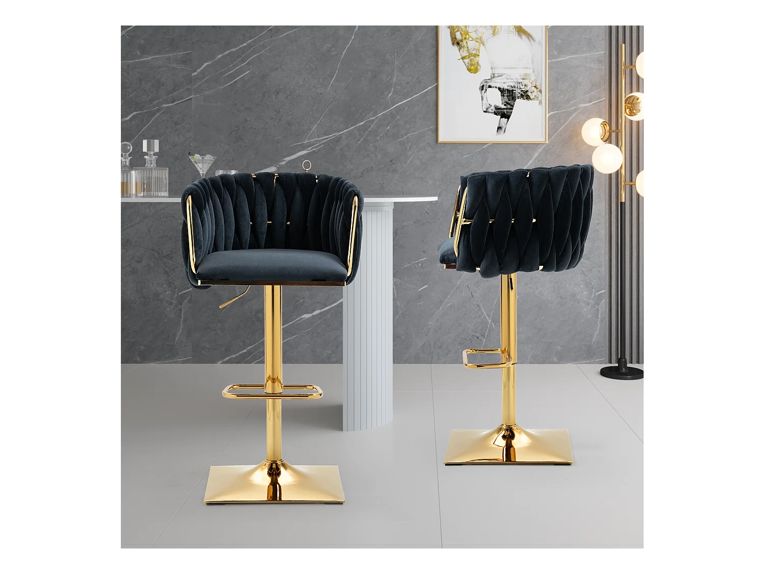 Lot de 2 tabourets de bar avec dossier et repose-pieds - 53 x 51 x 87/105 - hauteur réglable - velours - noir