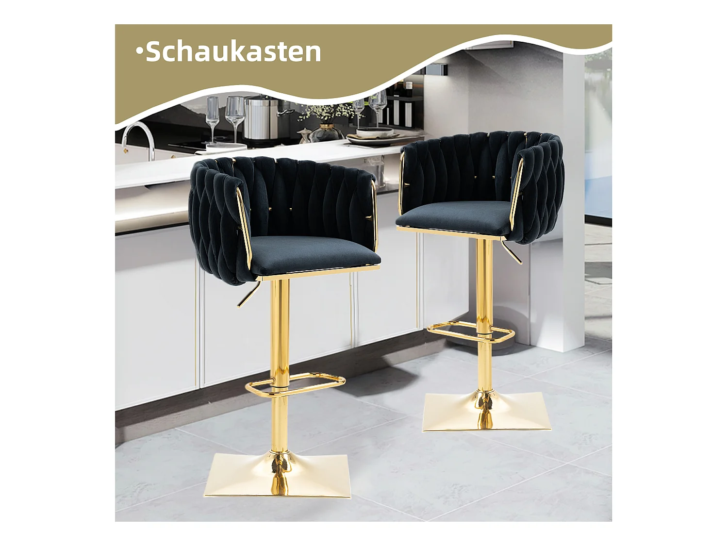 Lot de 2 tabourets de bar avec dossier et repose-pieds - 53 x 51 x 87/105 - hauteur réglable - velours - noir