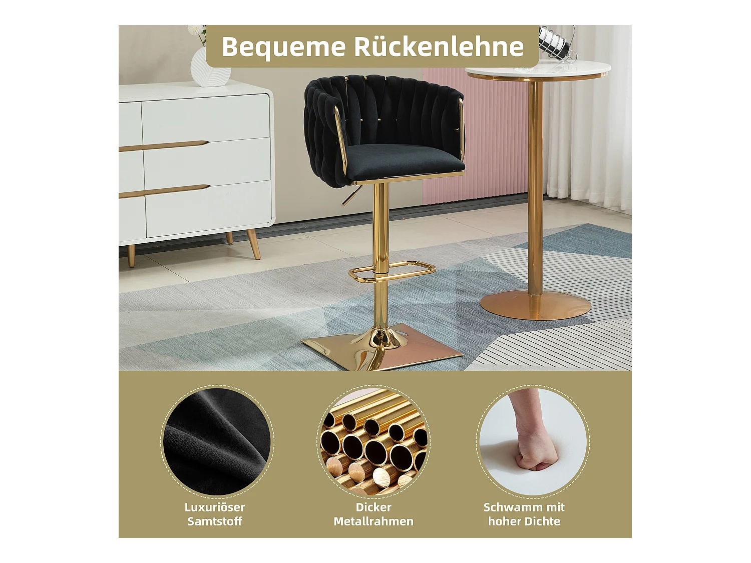 Lot de 2 tabourets de bar avec dossier et repose-pieds - 53 x 51 x 87/105 - hauteur réglable - velours - noir