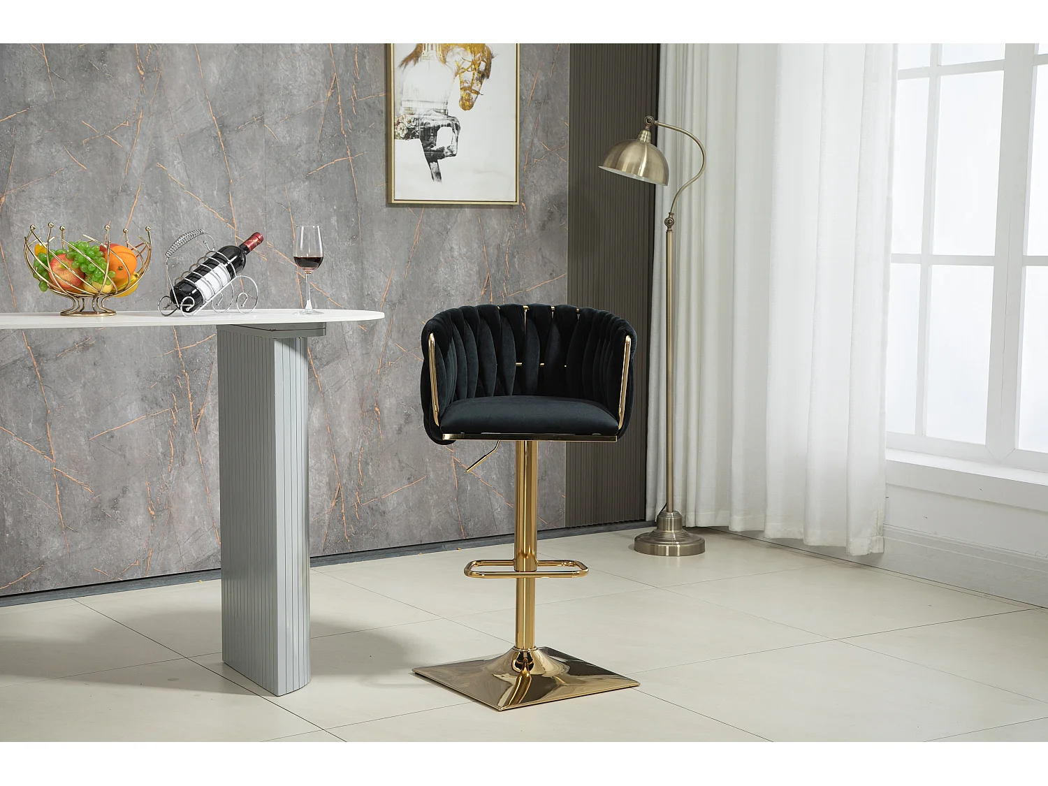 Lot de 2 tabourets de bar avec dossier et repose-pieds - 53 x 51 x 87/105 - hauteur réglable - velours - noir