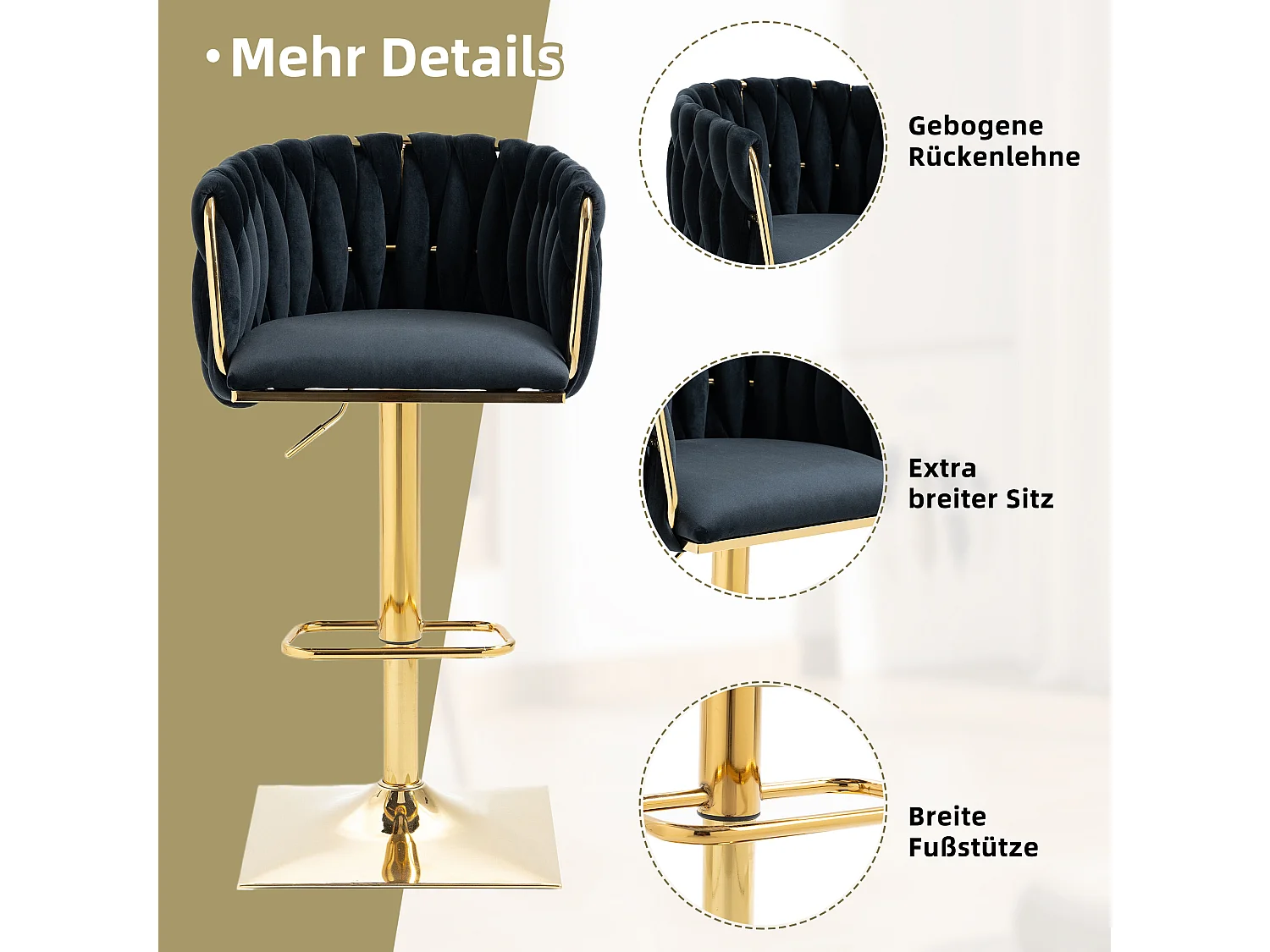 Lot de 2 tabourets de bar avec dossier et repose-pieds - 53 x 51 x 87/105 - hauteur réglable - velours - noir