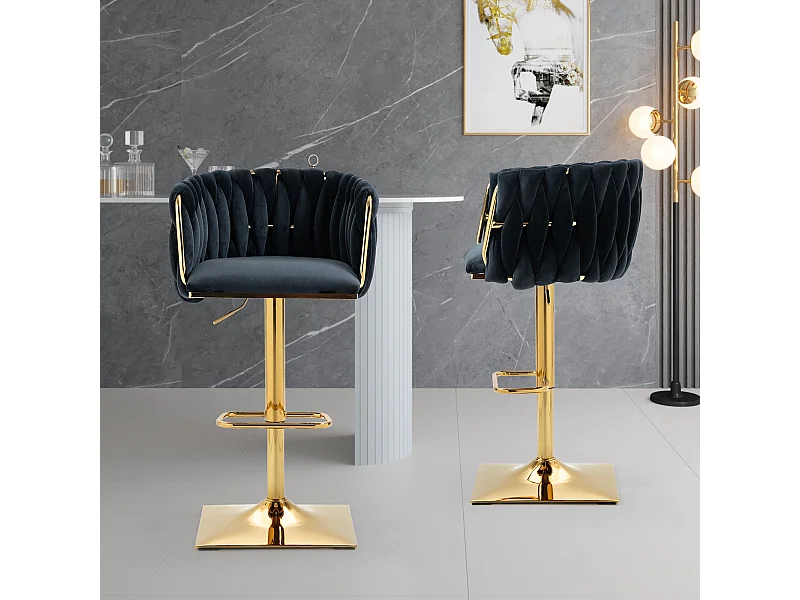 Lot de 2 tabourets de bar avec dossier et repose-pieds - 53 x 51 x 87/105 - hauteur réglable - velours - noir