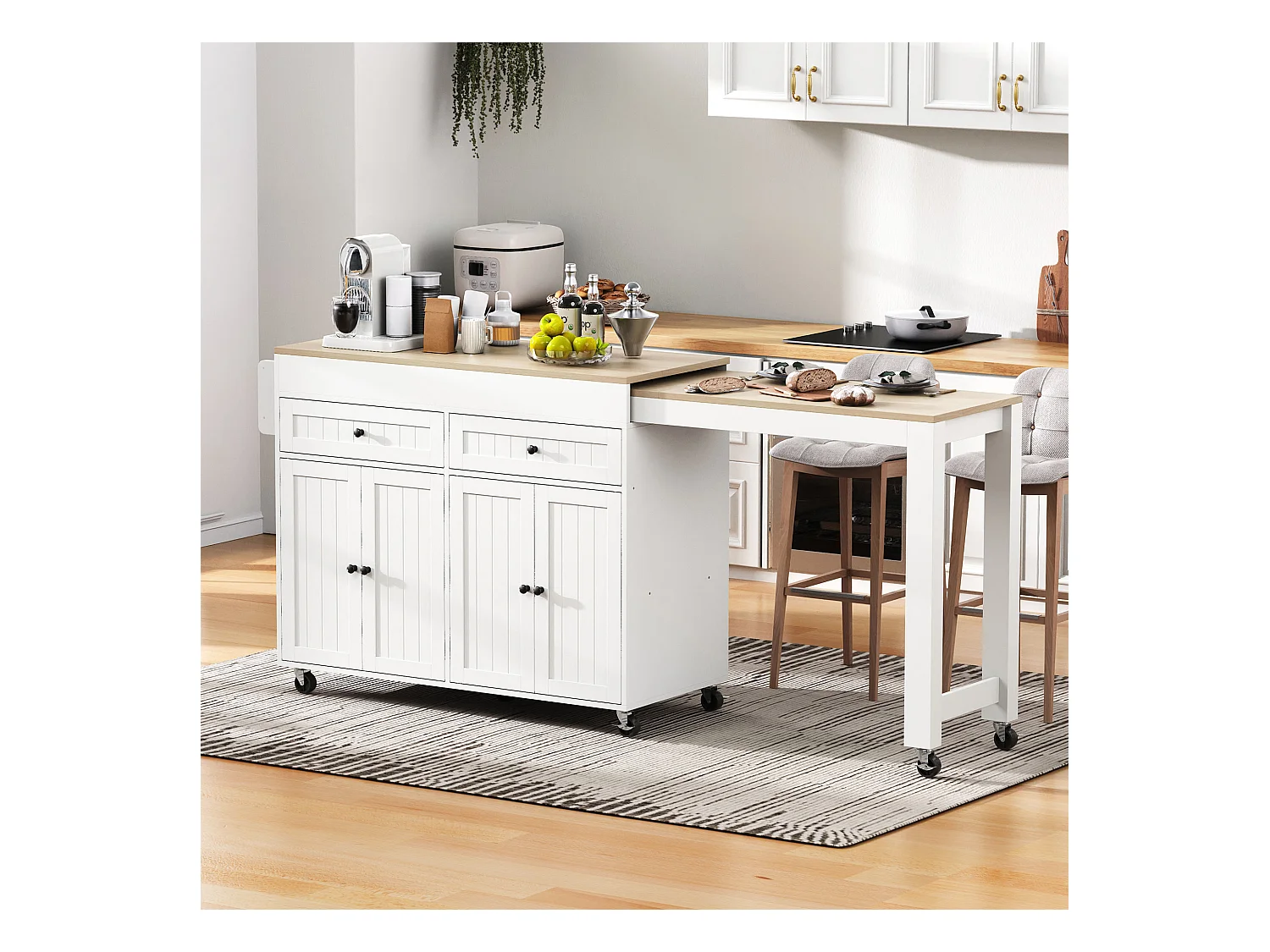 Îlot central sur roulettes - îlot de cuisine extensible avec plan de travail + 2 tiroirs - MDF - blanc