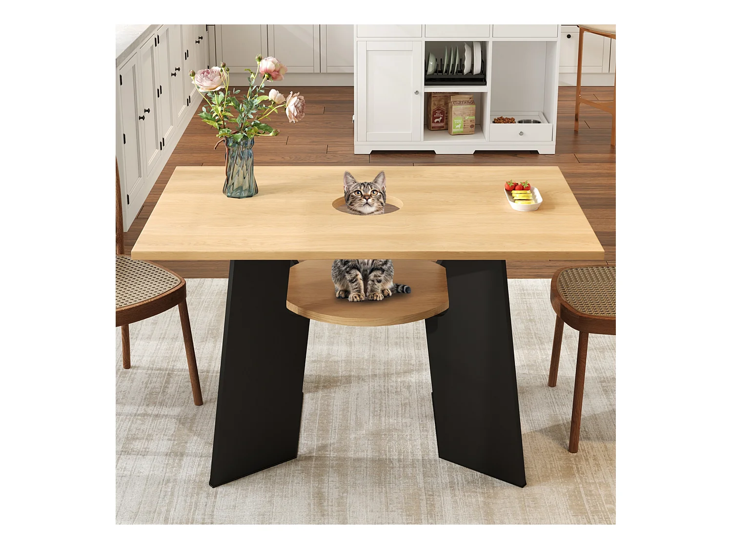 Table à manger  - 130 x 85 x 75 cm - avec espace pour animaux et plateau de rangement - MDF - noir