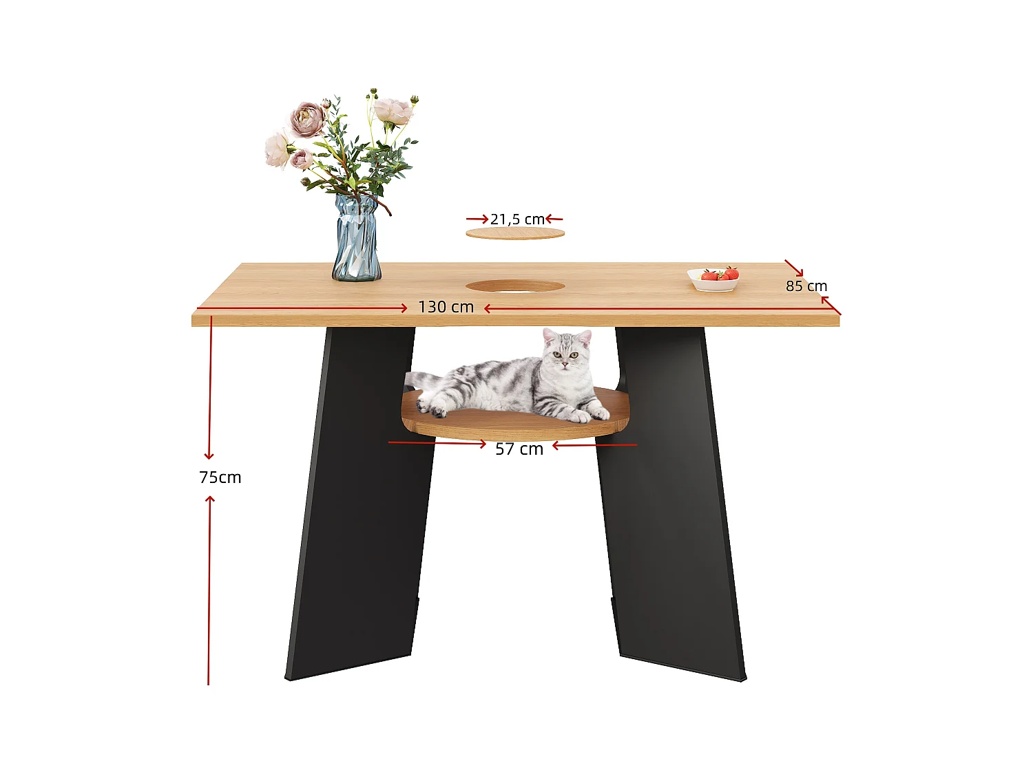 Table à manger  - 130 x 85 x 75 cm - avec espace pour animaux et plateau de rangement - MDF - noir