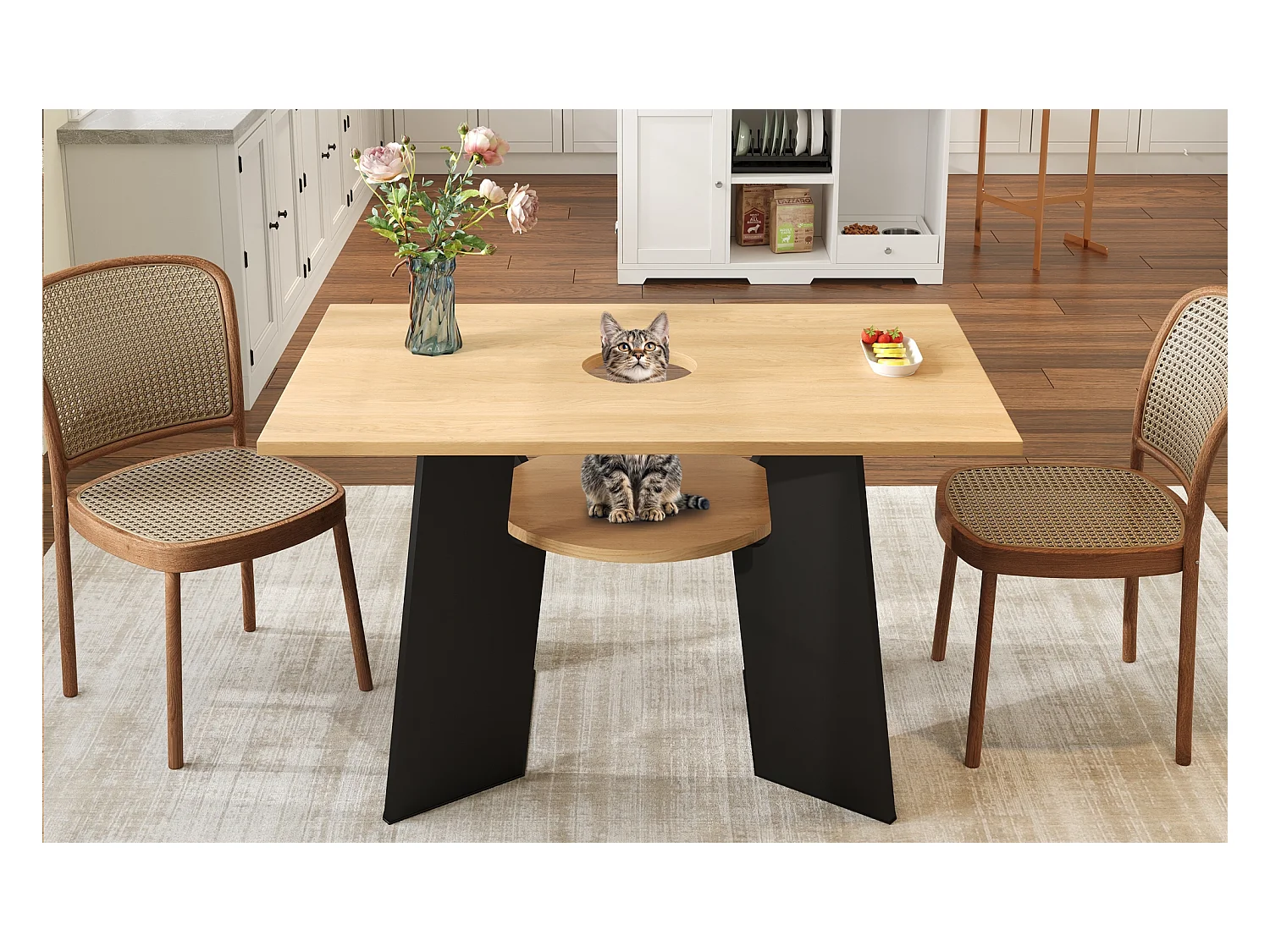 Table à manger  - 130 x 85 x 75 cm - avec espace pour animaux et plateau de rangement - MDF - noir