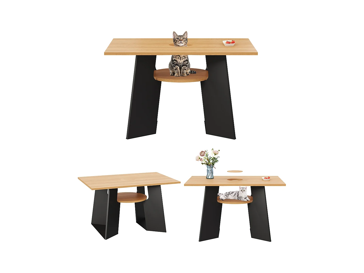 Esstisch - 130 x 85 x 75 cm - mit Tierbereich und Ablagefach - MDF - schwarz