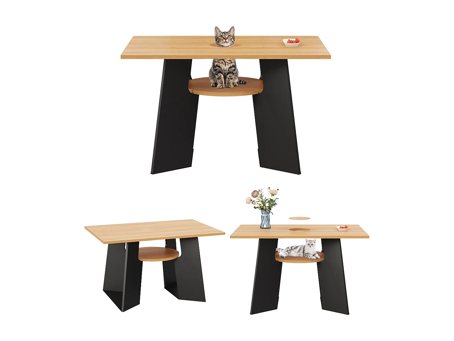 Mesa de jantar - 130 x 85 x 75 cm - com espaço para animais de estimação e bandeja de armazenamento - MDF - preto